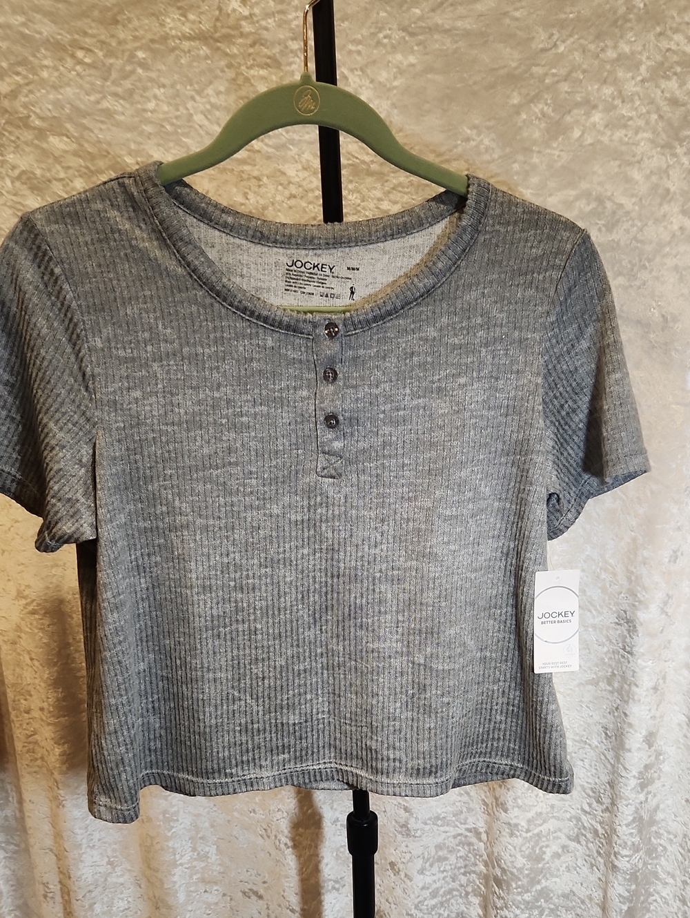 Jockey M NWT Gray Ribbed Henley Crop Top